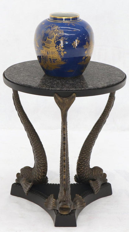 Bronze Triple Dolphins Base Granite Top Round Side End Table Pedestal