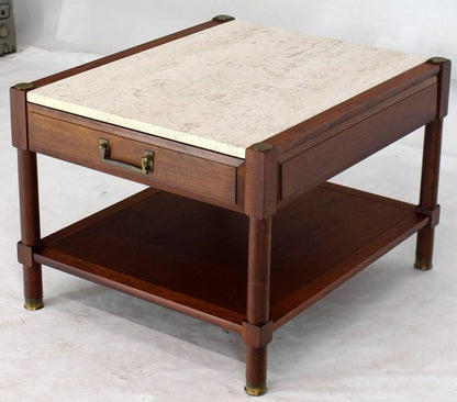 Pair of Travertine Tops One Drawer Oiled Walnut End Side Tables