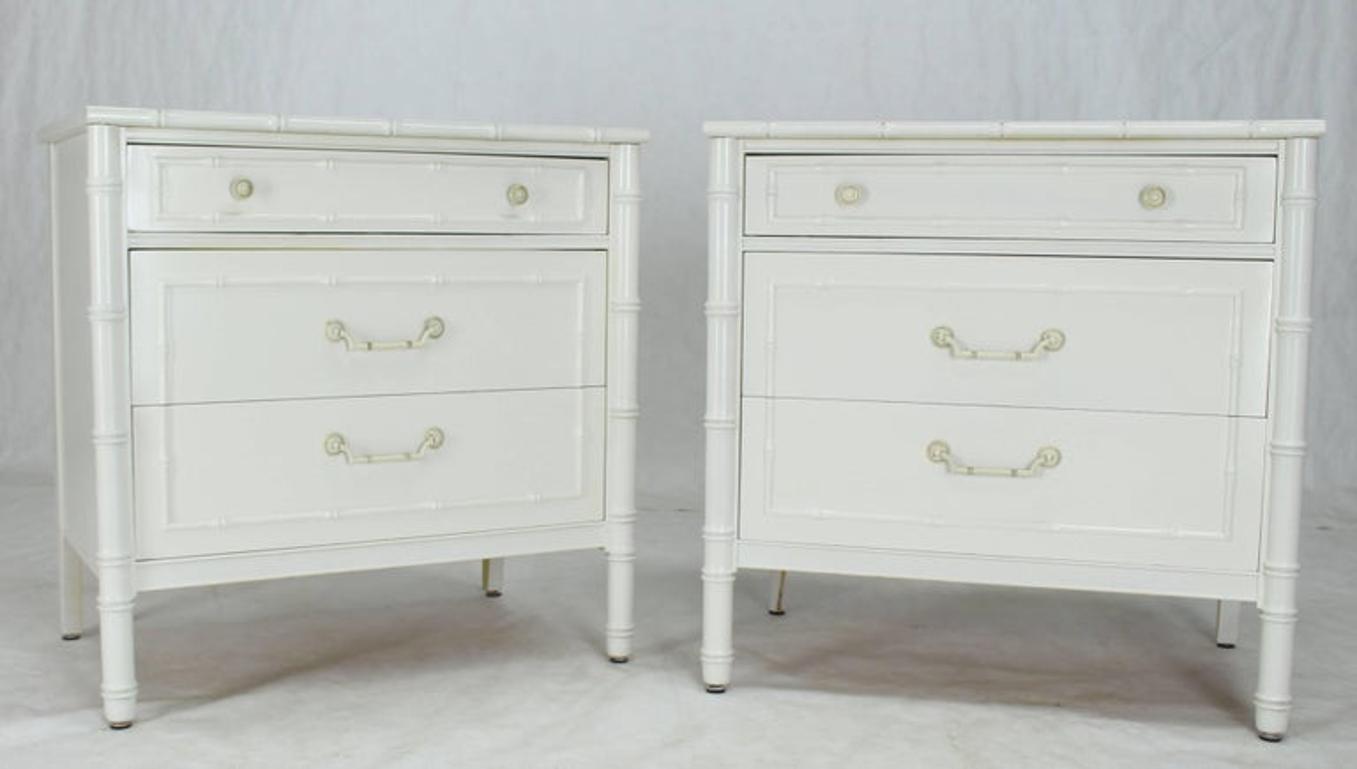 Pair of White Lacquer Faux Bamboo Large Nightstands Three-Drawer Bachelor Chests