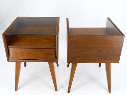 Pair Swedish Mid Century Modern Glass Top Cube Shape End Side Tables NightStands