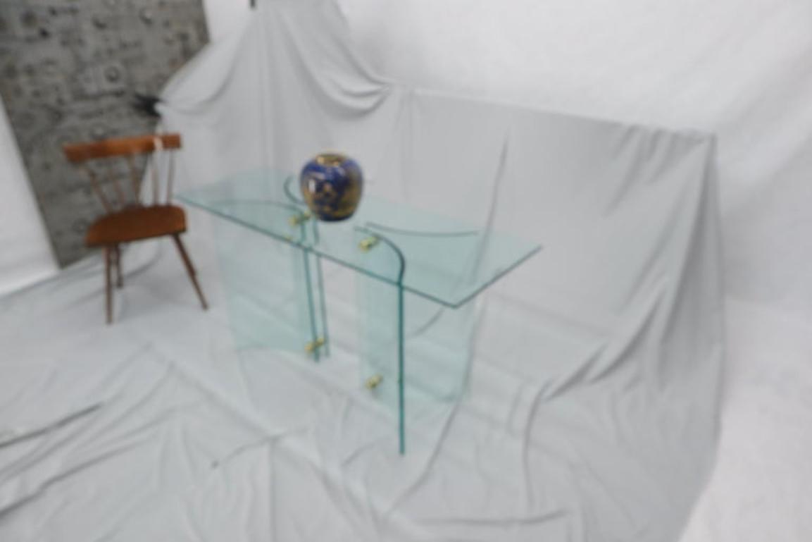 Curved Glass Base Glass Top Brass Stretchers Console Table