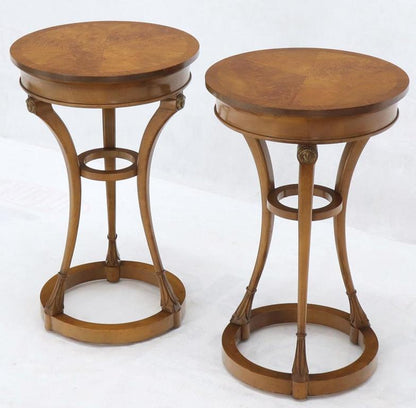 Pair of Tall Round Pedestal Shape Side End Tables on Tri Legged Bases Burl Wood