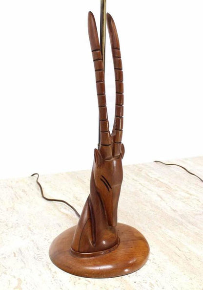 Pair of Sculptural Carved Wood Gazelle Motive Walnut Table Lamps