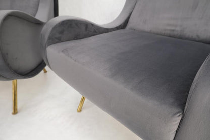Pair Italian Mid-Century Modern Brass Legs Grey Arm Lounge Chairs