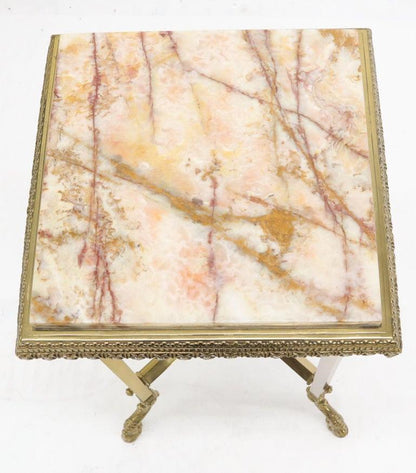 Square Solid Brass Onyx Marble Top Stand Pedestal Hoof Feet X-Stretcher Finial