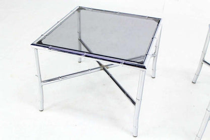 Pair of Chrome Faux Bamboo X Base End Tables with Smoked Glass Tops