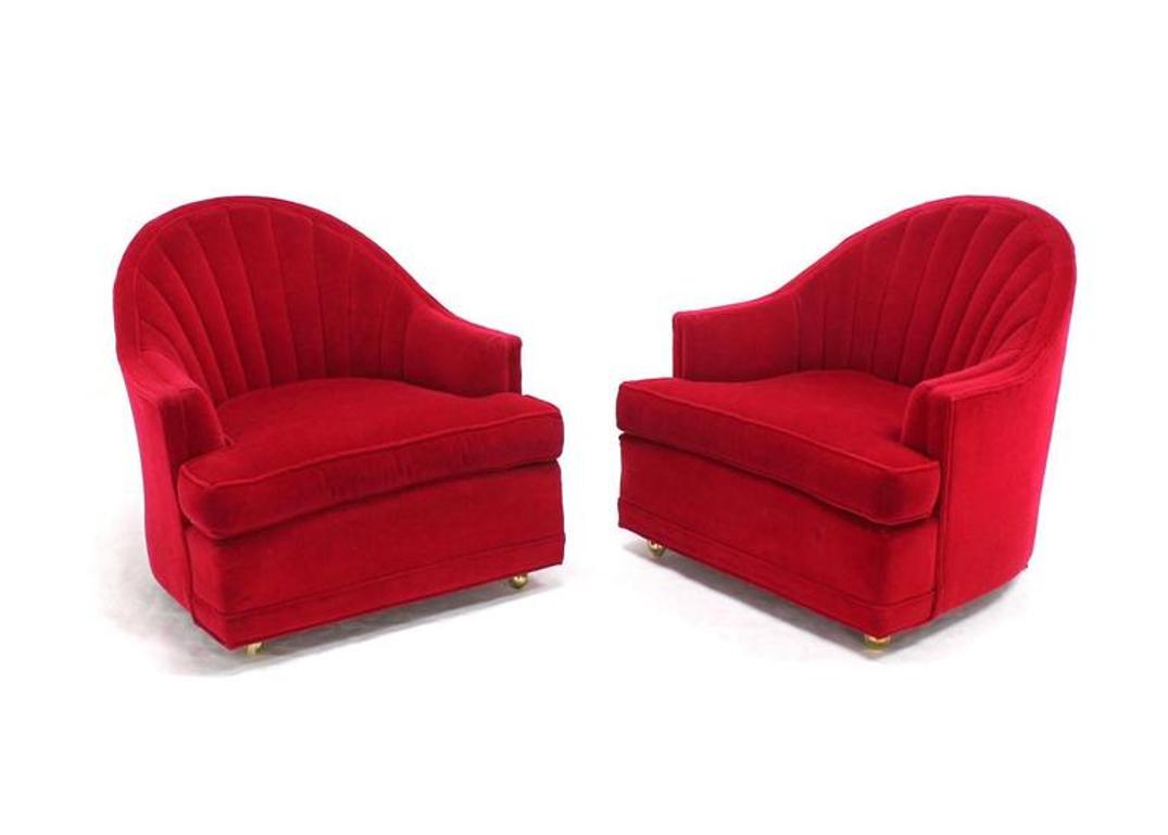 Pair of Red Upholstery Barrel Scallop Shape Back Lounge Chairs