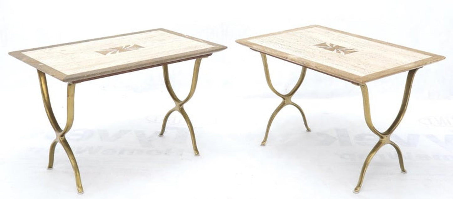 Pair of Italian Travertine Top X-Shape Base End Side Tables