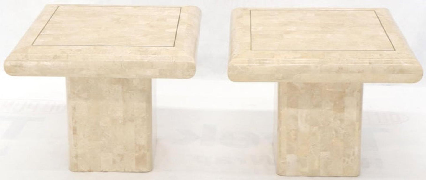 Pair of Square Tessellated Stone Veneer Brass Inlay End Tables Stands