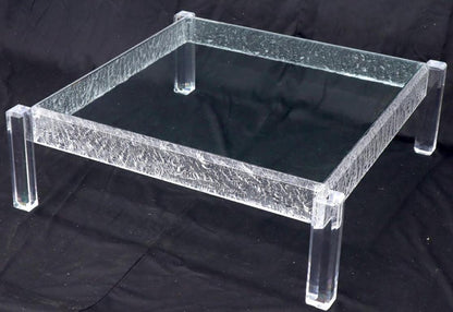 Large Square Carved Lucite Glass Top Coffee Table