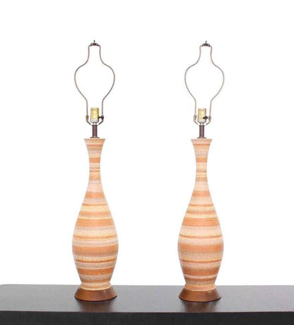 Pair of Vase Shape Art Pottery Table Lamps Turned Walnut Bases