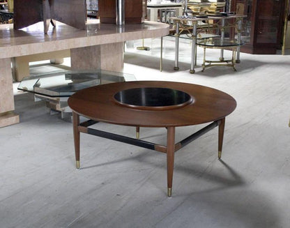 Round Walnut Coffee Table with Raised Black Laminate Lazy Susan Center