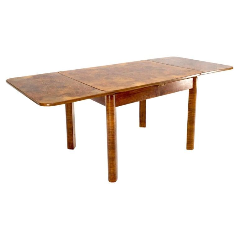 Swedish Mid-Century Modern Burl Wood Refectory Extending Dining Dinette Table