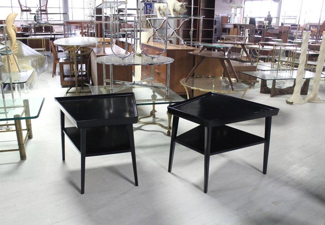 Pair of Black Lacquer Trapezoid Shape Two Tier End Side Tables Stands