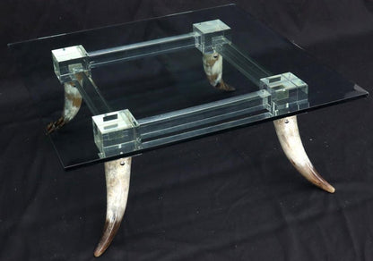 Bull Horns Shaped to Legs Lucite Stretchers Base Square Glass Top Coffee Table