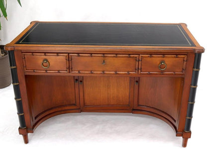 Faux Bamboo Black Leather Top Mahogany Desk with Curved Bottom Doors Compartment