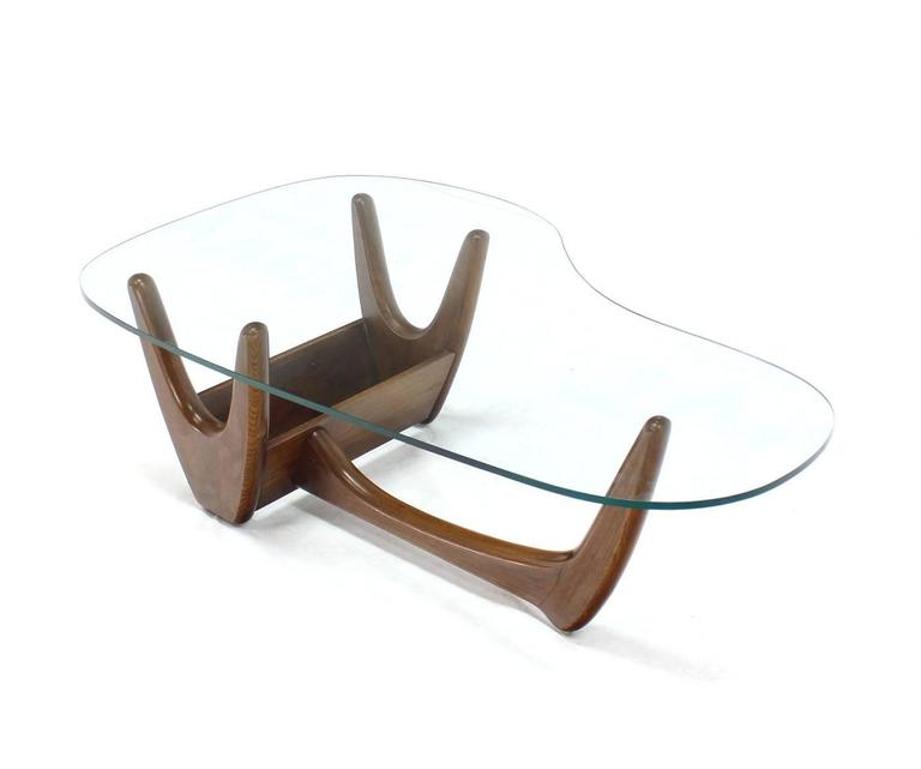 Organic Kidney Shape Glass Top Walnut Coffee Table w/ Planter