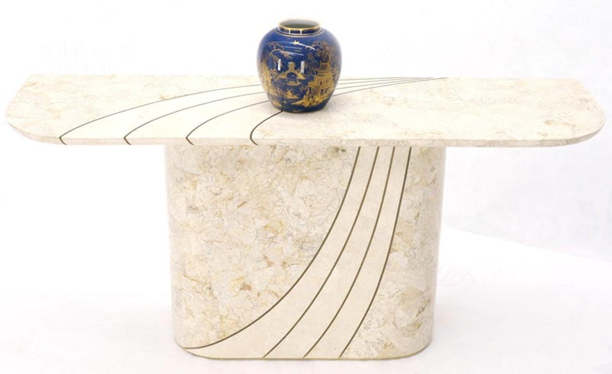 Tessellated Stone Veneer Tile Brass Inlay Pedestal Base Console Sofa Table