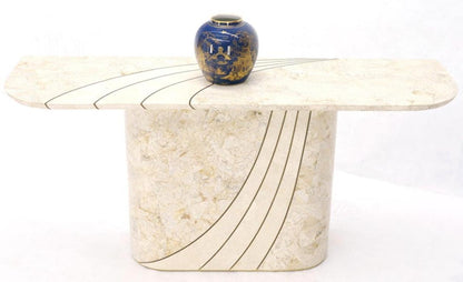 Tessellated Stone Veneer Tile Brass Inlay Pedestal Base Console Sofa Table