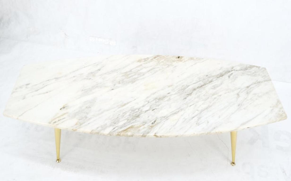 Boat Shape Marble Top Tapered Cone Shape Brass Legs Coffee Table Mint