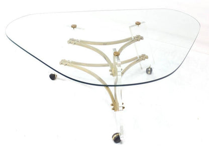 Mid Century Modern Kidney Shape Brass & Lucite Base Coffee Table Mint!