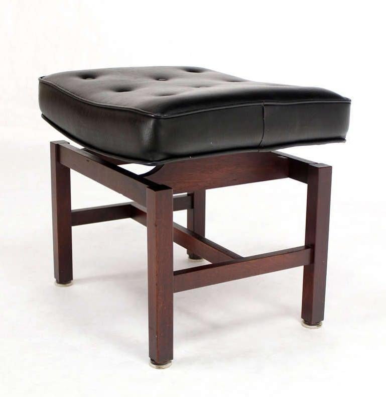 Mid-Century Modern Black Vinyl Upholstered Oiled Walnut Bench by Risom