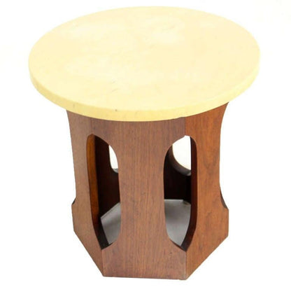 Mid-Century Modern Hexagon Oiled Walnut Base Round Top Side End Table Stand