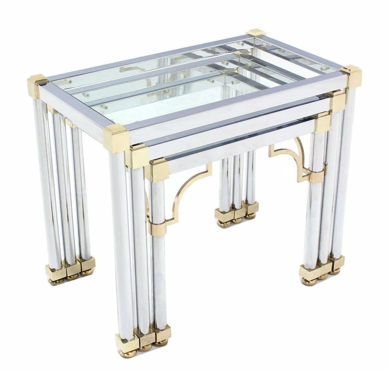 Set of 3  Chrome and Brass Metal Glass Top Nesting Side End Occasional Tables