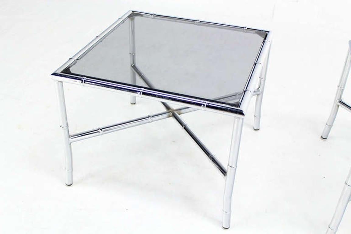 Pair of Chrome Faux Bamboo X Base End Tables with Smoked Glass Tops Mid Century