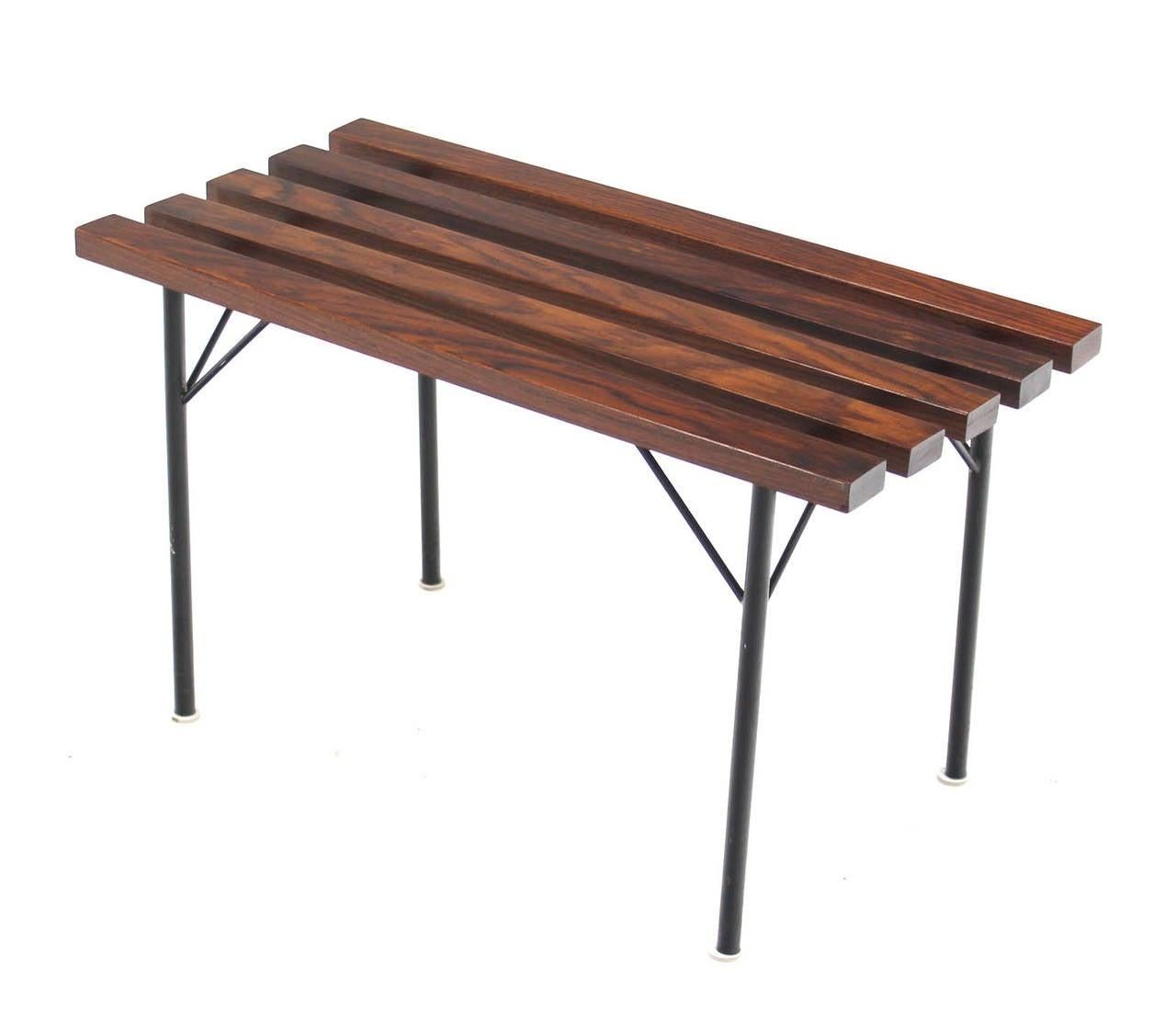 Solid Rosewood Small Compact Mid Century Modern Slat Bench Black Metal Base MINT