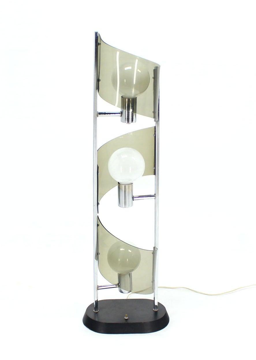 Mid Century Modern Large Chrome Smoked Lucite Ribbon Shade Table  Floor Lamp