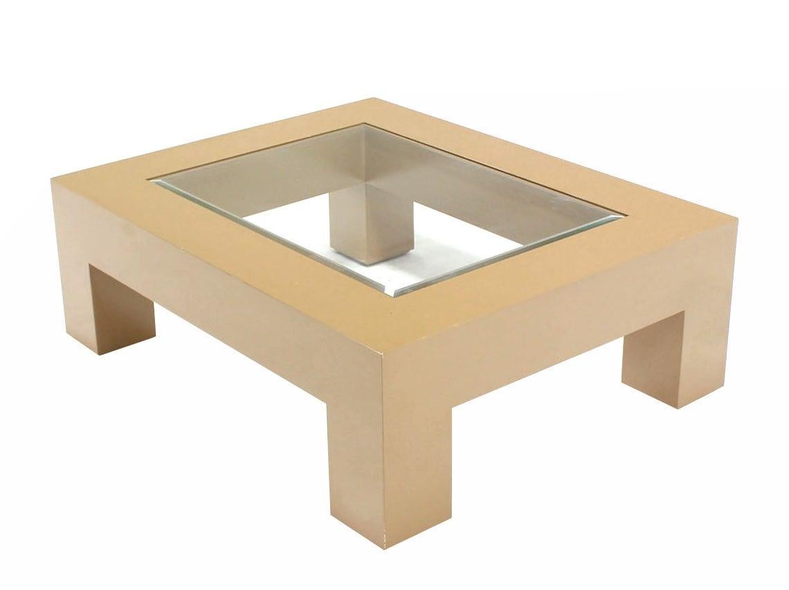 Heavy Thick Square Legs  Beige Lacquer Base Glass Top Rectangle Coffee Table