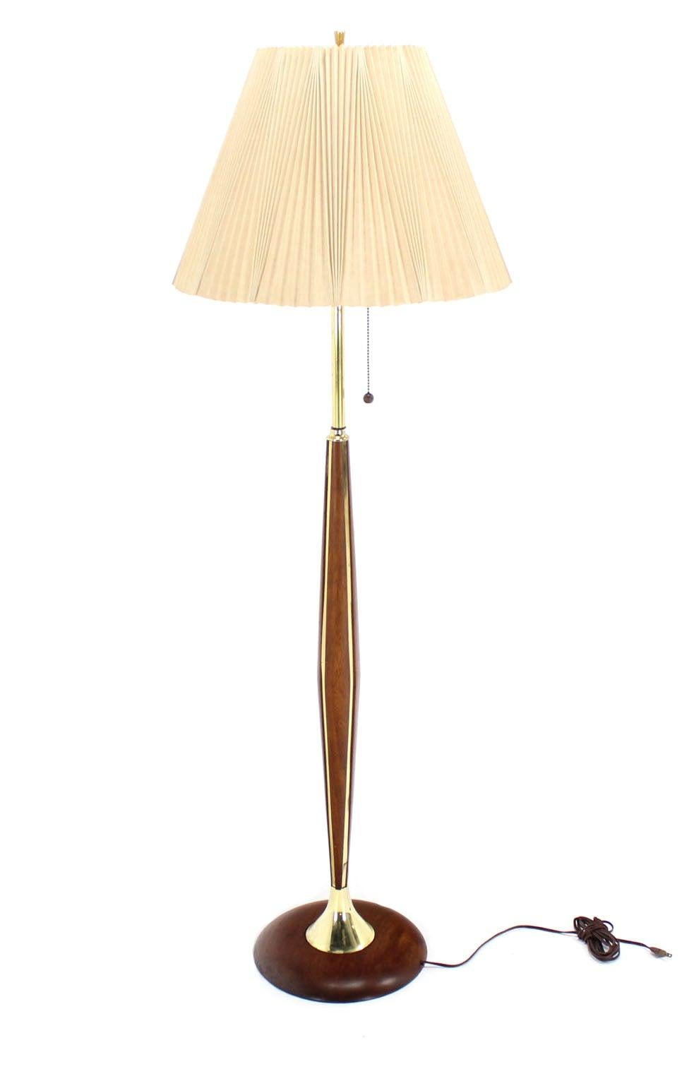 1970's Round Solid Oiled Walnut Brass Trims Base Mid Century Modern Floor Lamp