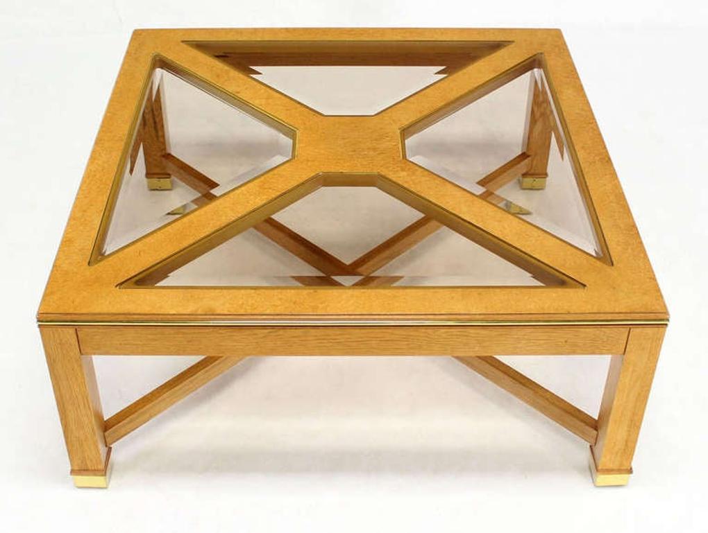 Beveled Smoked Glass Bird's-Eye Maple Brass Square Legs Coffee Table MINT!