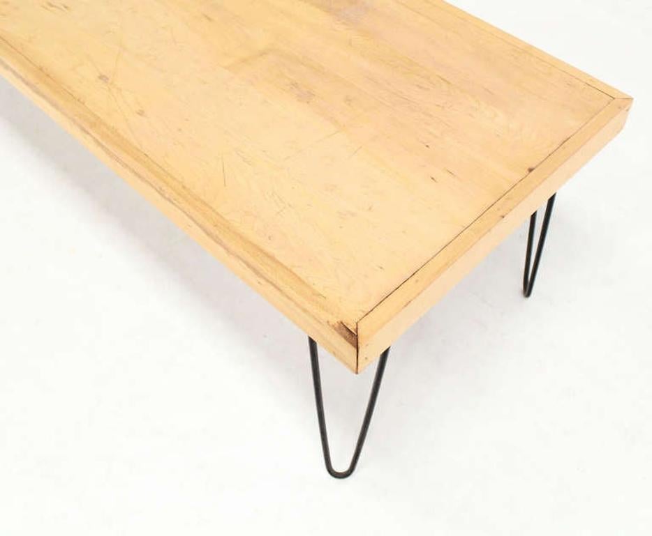 Large Rectangular Vintage Solid Birch Top with Hairpin Leg Coffee Table