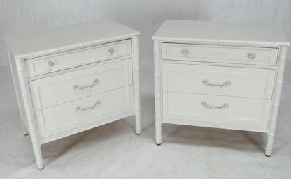 Pair of White Lacquer Faux Bamboo Large Nightstands Three-Drawer Bachelor Chests