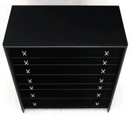 Paul Frankl Mid-Century Modern High Tall Chest Dresser in Black Lacquer Nickel