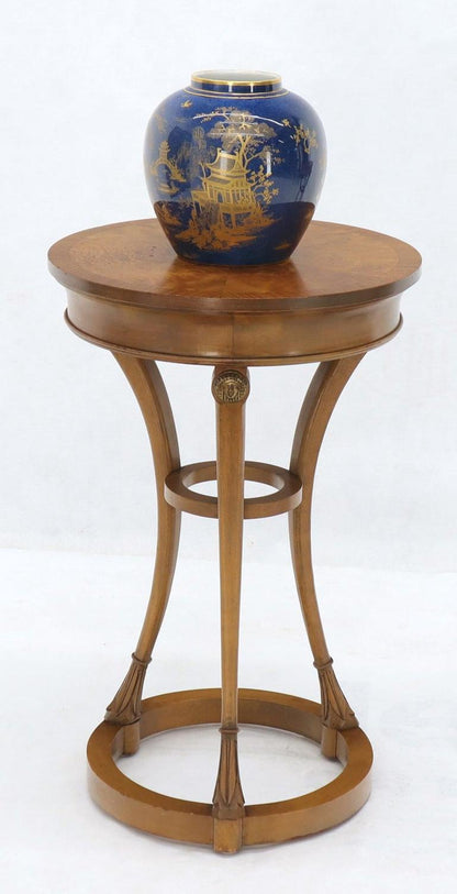 Pair of Tall Round Pedestal Shape Side End Tables on Tri Legged Bases Burl Wood