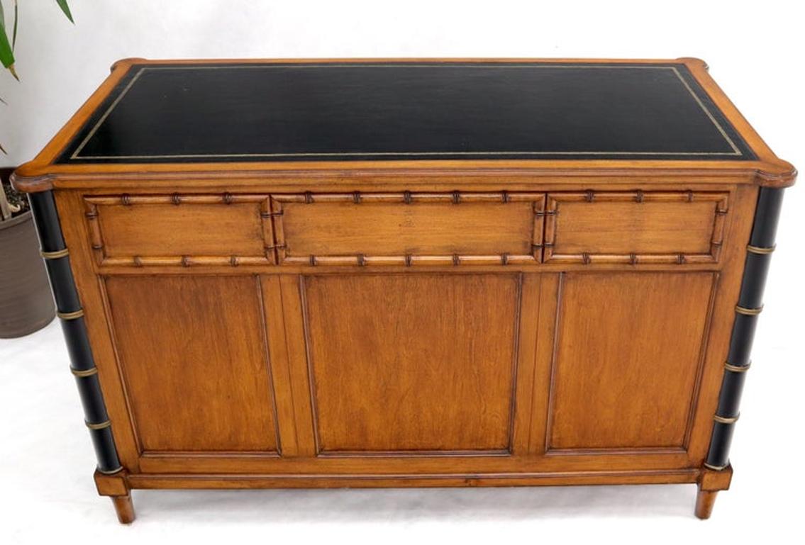 Faux Bamboo Black Leather Top Mahogany Desk with Curved Bottom Doors Compartment