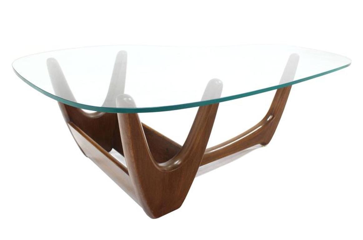 Organic Kidney Shape Glass Top Walnut Coffee Table w/ Planter