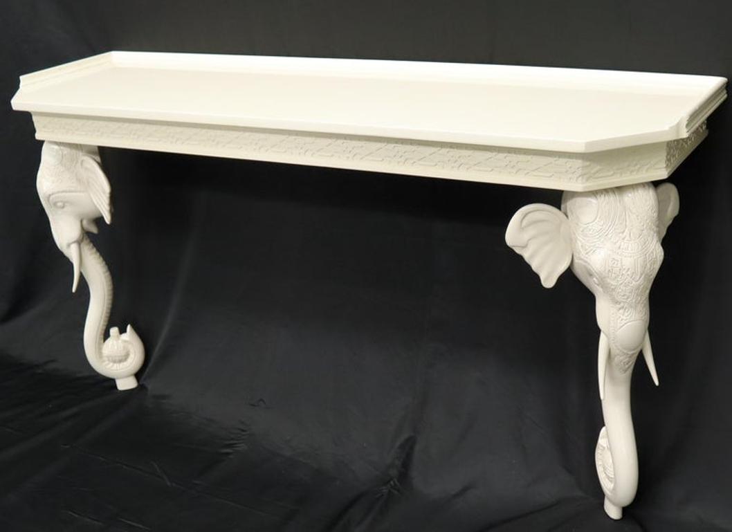 White Lacquer Carved Elephant Bases Console Wall Table