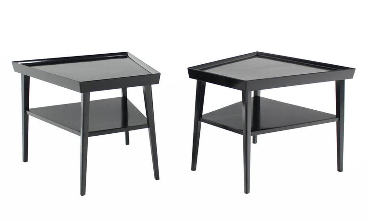 Pair of Black Lacquer Trapezoid Shape Two Tier End Side Tables Stands