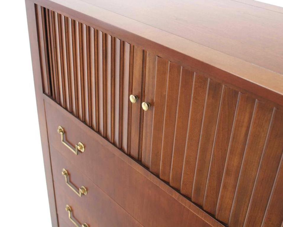 Baker Modern Five Drawer High Chest Tambour Door Compartment Brass Hardware Pull