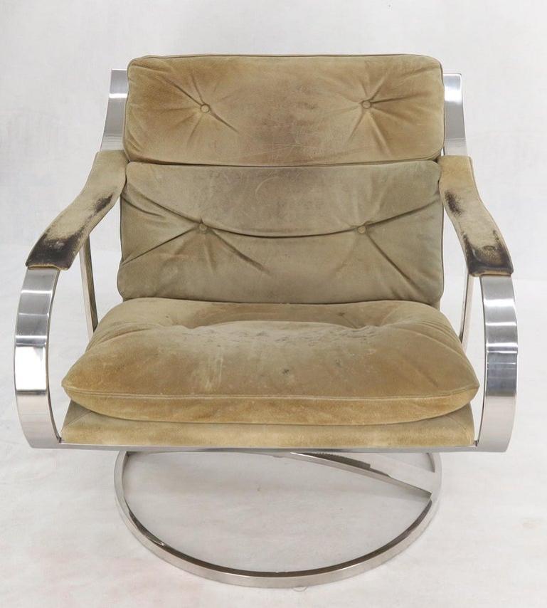 Heavy Gage Polished Stainless Steel Swivel Base Suede Upholstery Lounge Chair