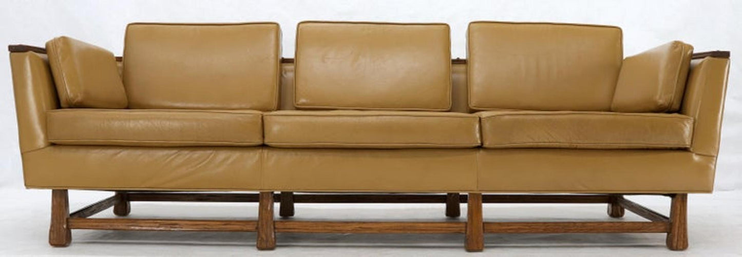 Mid-Century Modern Tan Leather Oak Frame Sofa by Ranch Oak