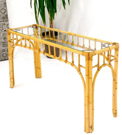 Bamboo Frame Glass Top Console Table w/ Figurative Brass Supports