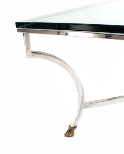 Glass Top Square Coffee Table with Chrome and Brass Hoof-Feet Base