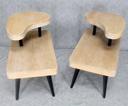 Cerused Oak Two-Tier Mid-Century Modern Organic Two-Tone End Tables Stands, Pair