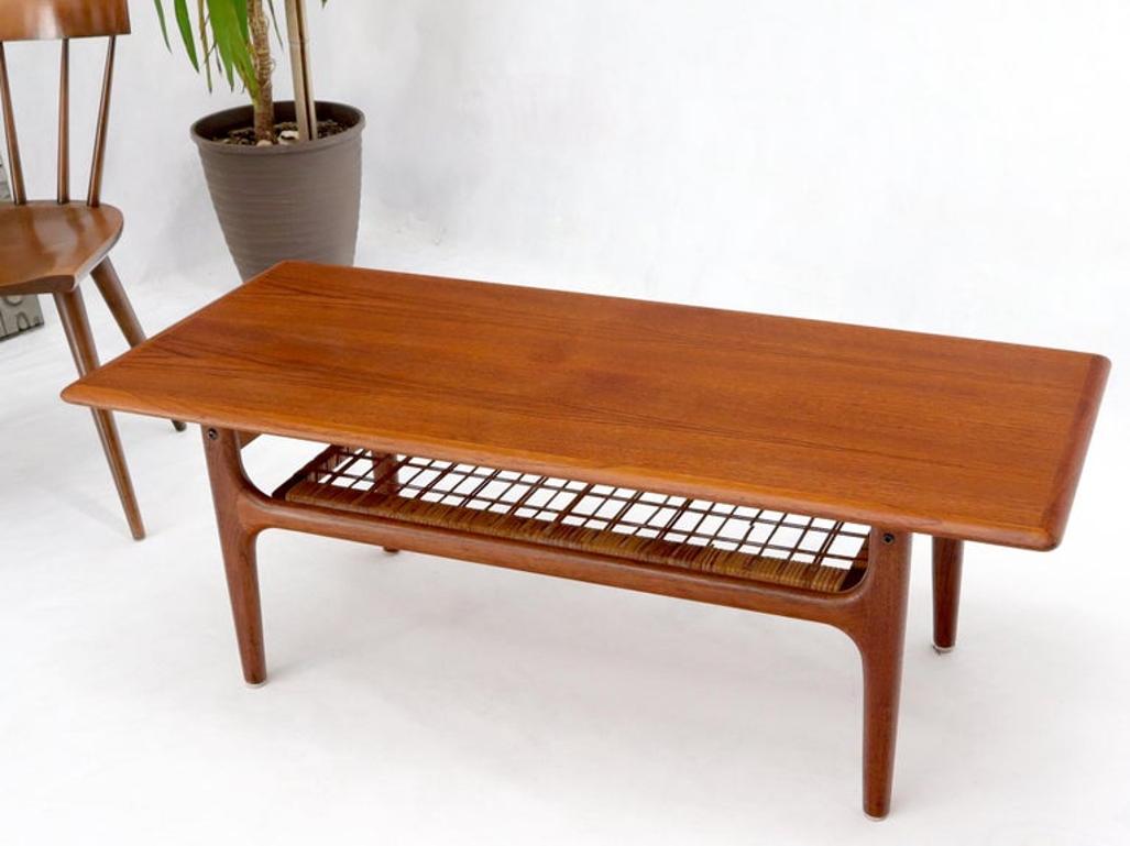 Danish Teak Mid-Century Modern Rectangular Coffee Table with Cane Shelf