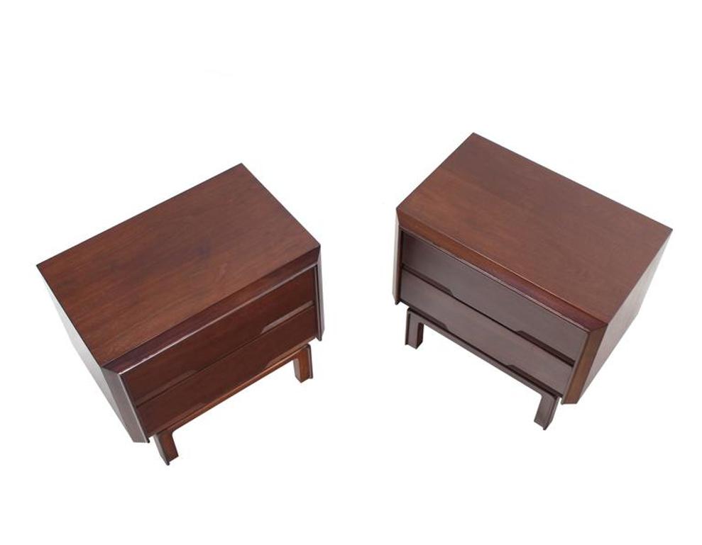 Pair of Danish Mid Century Modern Walnut End Tables Two Drawer Stands